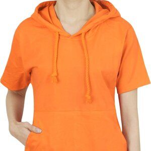 ILILILY ORANGE SHORT SLV SWEAT TOP (LIGHTWEIGHT) W/HOODIE AND FRONT POCKET